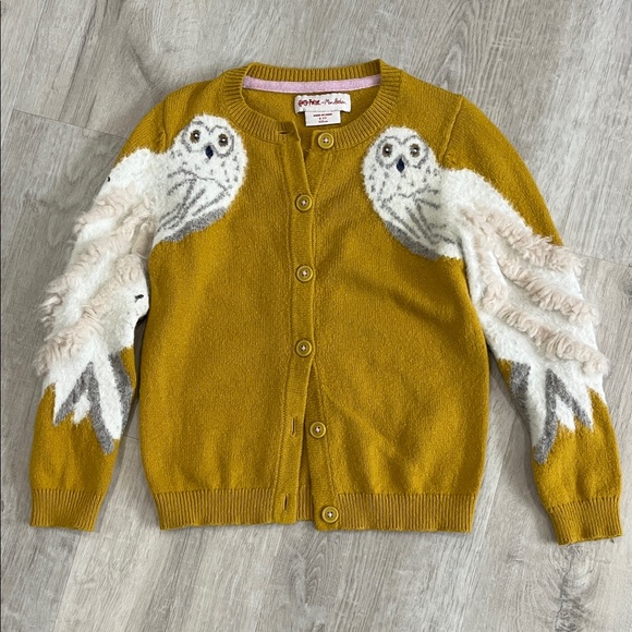 Mini Boden Harry Potter Hedwig Button Cardigan Yellow Faux Fur Feathers Sz 6-7 Y - Picture 2 of 13